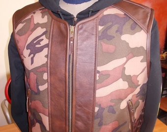 Biker vest. Camouflage textile, genuine leather: brown leather finish. Handmade. I will make vests from S...to 5X size.