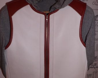 Biker vest, patch vest. Genuine leather-1.6-1.7mm-white. Perforated leather dark red. Handmade.