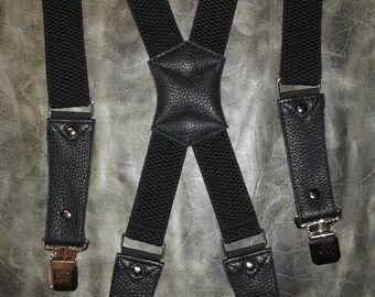 Leather Suspender. Braces - black.Genuine leather-black.Handmade.Fits all sizes M-XXXXL.