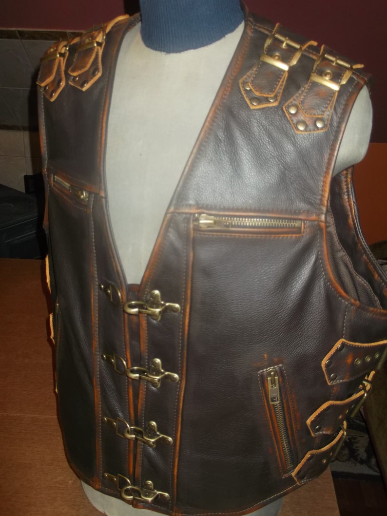 Biker Vest Genuine Leather-16mm Brown. 3x.leather With - Etsy