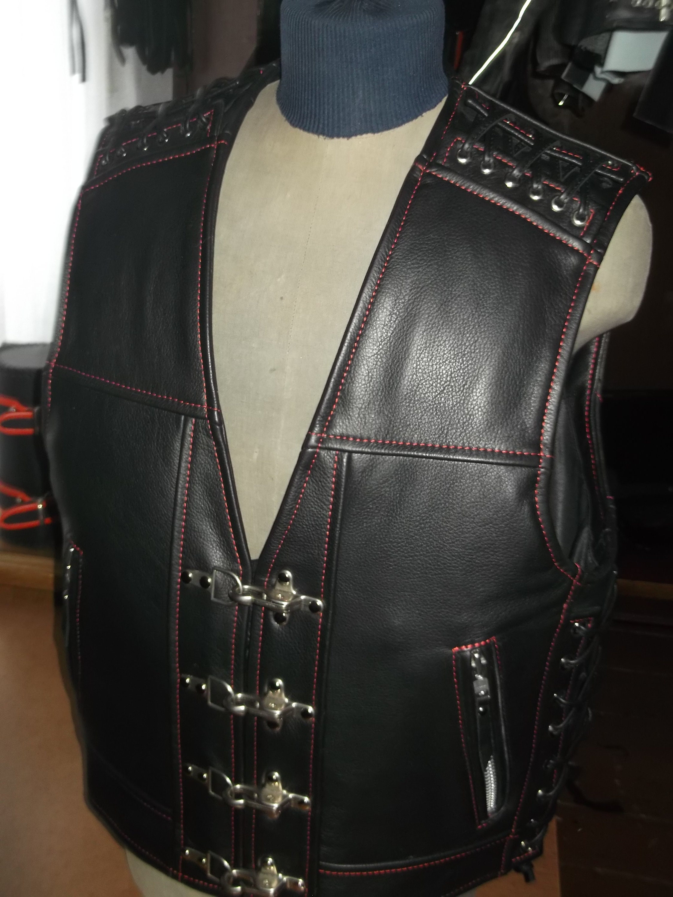 Biker vest. Genuine leather16-17mm black.Handmade. | Etsy
