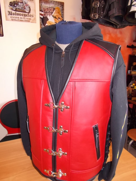 Biker Vest Genuine Leather 18mm Red And Black Patch - Red Leather Vest Biker Vest Genuine Leather 18mm Red And Black Patch - Red Leather Vest