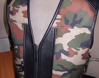 Biker vest. Camouflage textile + genuine leather-black. Handmade.Size M-5X.