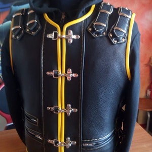 Biker vest. Patch vest. Genuine leather: 1.8mm. Black leather with yellow leather finish. Handmade.