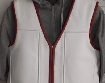 Biker vest.Patch vest.Genuine leather:1,7-1,8mm-white+ dark red finish.Handmade.