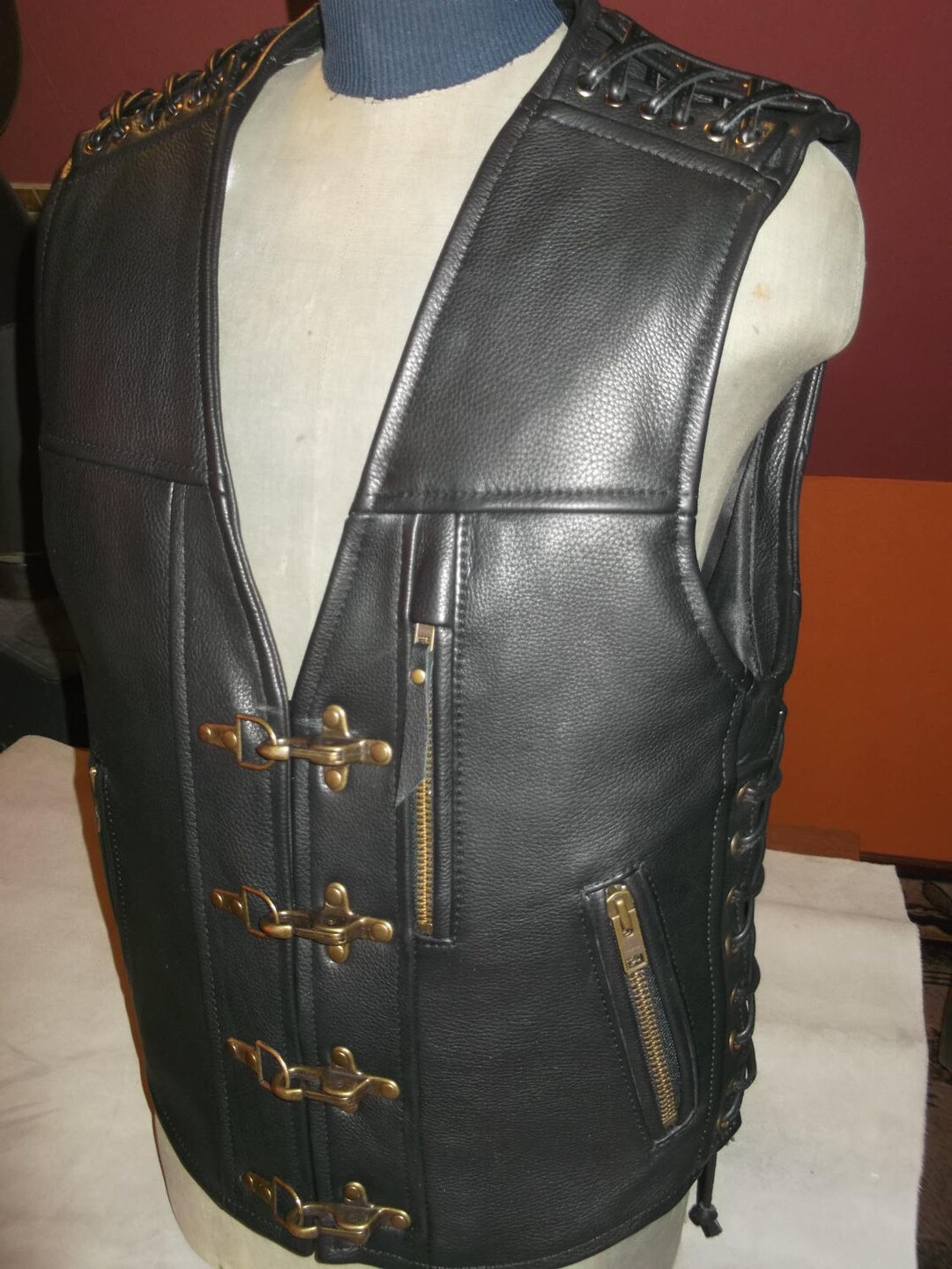 Biker Vest. Genuine Leather:17-18mm Black.handmade. - Etsy