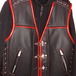 Biker vest. Patch vest.Leather: black -1.7-1.8mm.Red leather finish.Handmade.