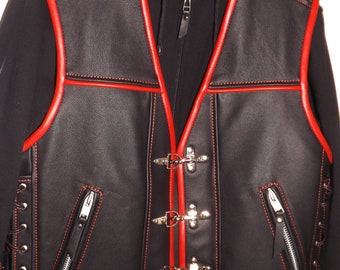 Biker vest. Patch vest.Leather: black -1.7-1.8mm.Red leather finish.Handmade.