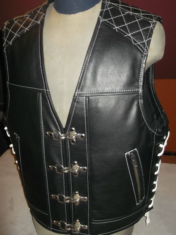 Biker vest. Genuine leather-17-18mm black.Handmade. | Etsy