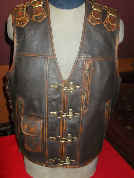 Biker Vest.handmade. Genuine Leather-16mm-brown. Leather With | Etsy
