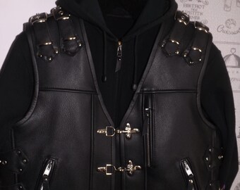Biker vest. Genuine leather- black.Thick leather 1.8mm.Handmade.