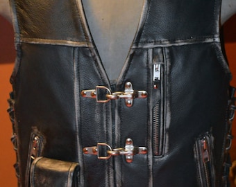 Leather Vest.Motorcycle vest, genuine leather- 1,6mm.Leather with abrasion effect-black.Handmade.