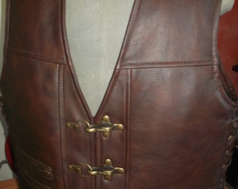 Biker vest.Genuine leather:1,7mm-brown.Handmade.M,XL,2X.