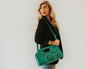 Leather Clutch | Handcrafted Turquoise Bag | Floral Western Purse | Customize yours!