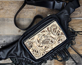 Handmade customizable tooled leather fanny pack. ADD YOUR LOGO. Handtooled Sling Bag. Genuine tooled leather. Western Leather Fanny Pack