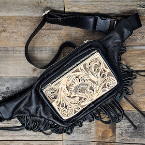 Handmade customizable tooled leather fanny pack. ADD YOUR LOGO. Handtooled Sling Bag. Genuine tooled leather. Western Leather Fanny Pack Golden Tan