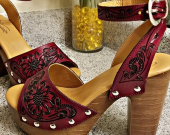 Wine Tooled Leather High Heels. Handcrafted. Add your logo. Western Shoes. 4.75" Heel. Customizable. Boho Western Style. Wedding Heels