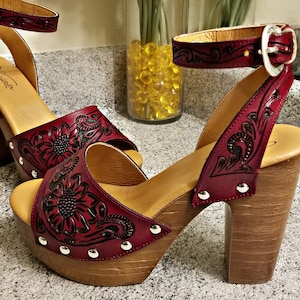 Wine Tooled Leather High Heels. Handcrafted. Add your logo. Western Shoes. 4.75" Heel. Customizable. Boho Western Style. Wedding Heels