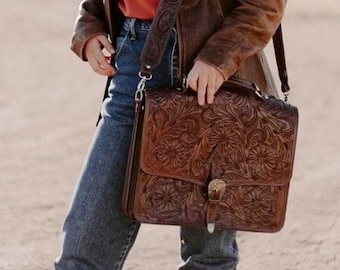 Tooled Leather Briefcase. Laptop Briefcase. Vintage Leather Bag. Custom Buckle. Add your initials