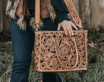 Leather Tote Handcrafted Tooled Bag Floral Bag CUSTOM Options