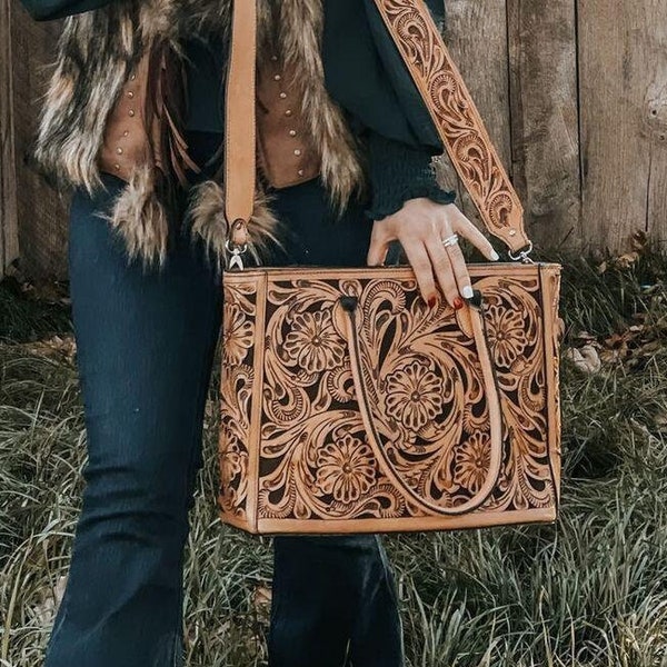 Leather Tote | Handcrafted Tooled bag | Floral Bag | CUSTOM Options | Western Purse | Strap INCLUDED