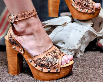 Tooled Leather High Heels. Launching SALE! Handcrafted. Any Color. Customize YOURS. Western Shoes. 4.75" Heel