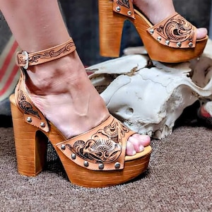 Tooled Leather High Heels. Launching Sale Handcrafted. Any Color. Customize Yours. Western Shoes. 4.75 Heel