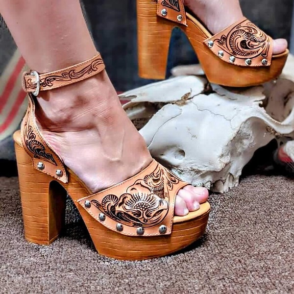 Tooled Leather High Heels. Launching SALE! Handcrafted. Any Color. Customize YOURS. Western Shoes. 4.75" Heel