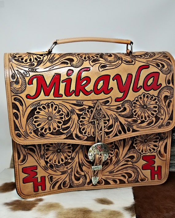 Tooled Leather Briefcase. Laptop Briefcase. Vintage Leather Bag. Custom Buckle. Add Your Initials Etsy