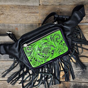 Handmade customizable tooled leather fanny pack. ADD YOUR LOGO. Handtooled Sling Bag. Genuine tooled leather. Western Leather Fanny Pack Lime Green