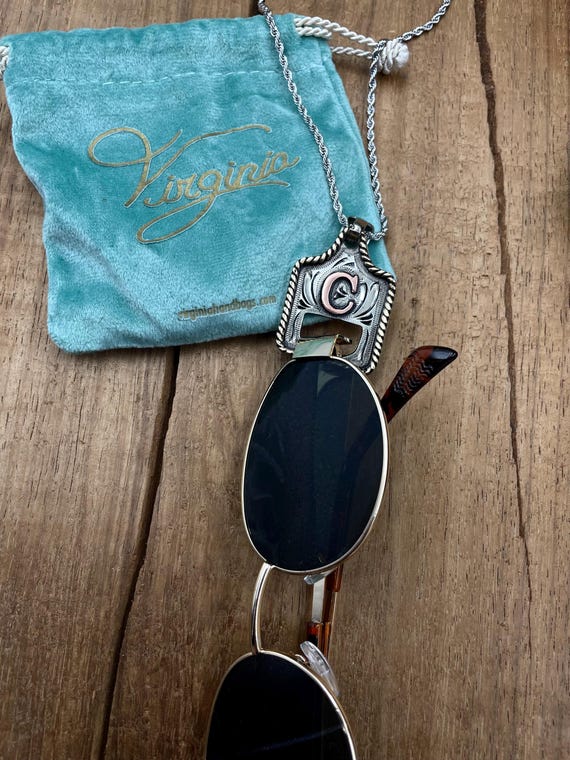 Handmade Glasses Necklace Cow Tag Holder with Copper Initial. Custom Made. Texas-Based. Fashion Jewelry Accessories. Women Sunglasses