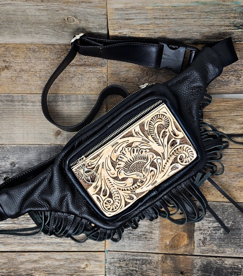 Handmade customizable tooled leather fanny pack. ADD YOUR LOGO. Handtooled Sling Bag. Genuine tooled leather. Western Leather Fanny Pack Golden Tan