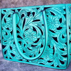Handmade Turquoise Floral Tote, 100% Leather Bag, Everyday Handbag, Womens Western Purse, Tooled cowgirl, gift for her, handcrafted satchel