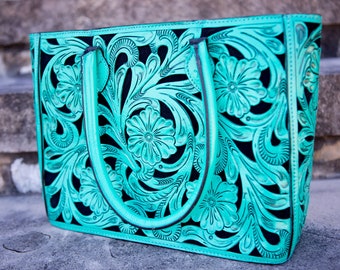 Fourre-tout floral turquoise fait main, sac 100 % cuir, sac à main de tous les jours, sac à main western pour femme, cow-girl repoussée, cadeau pour elle, sacoche fabriquée à la main