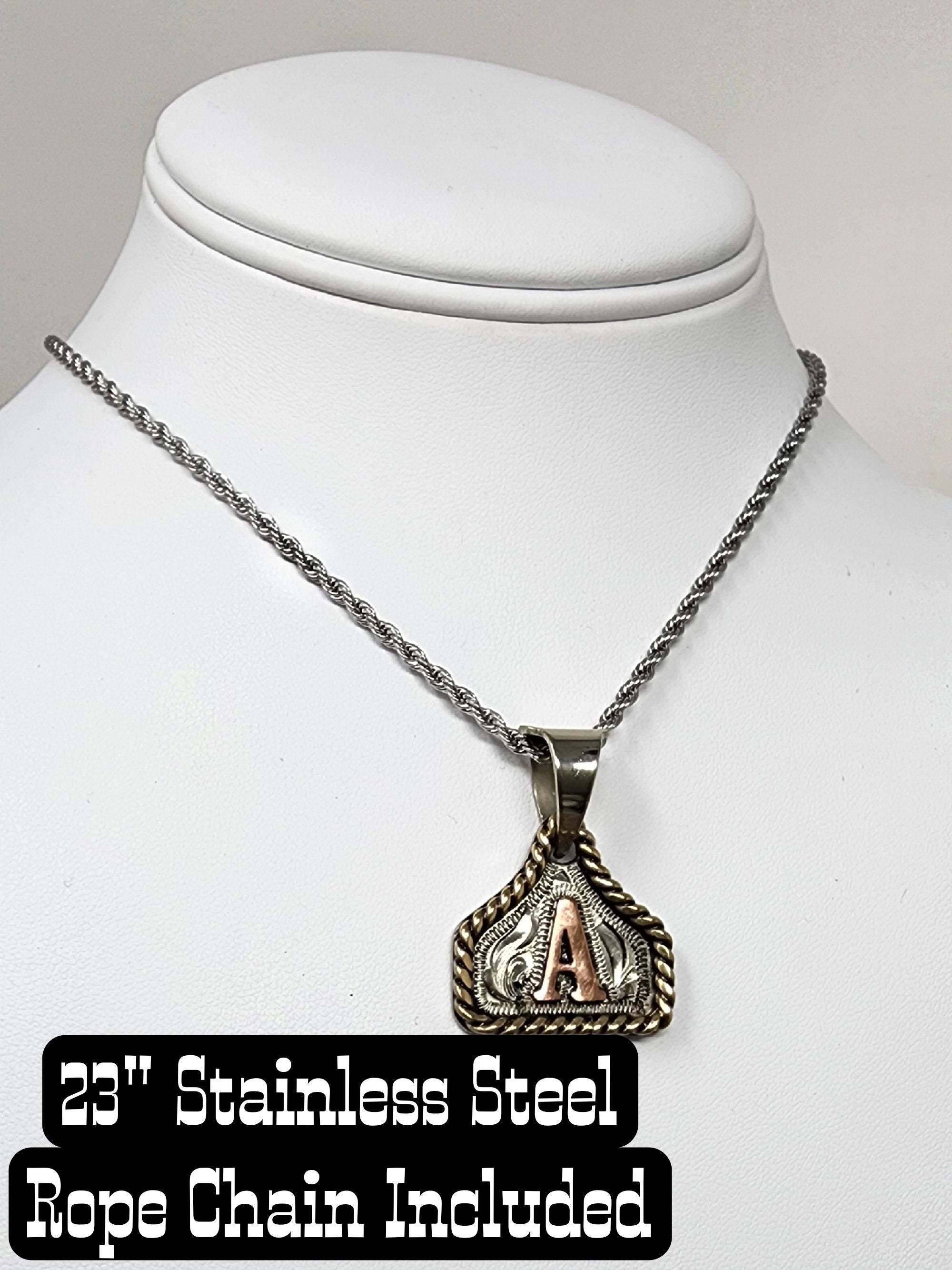 Cow Tag Necklace Handmade Personalized Initial Necklace, Handcrafted. Small Model.  Comes with a 23" Stainless Steel Chain.