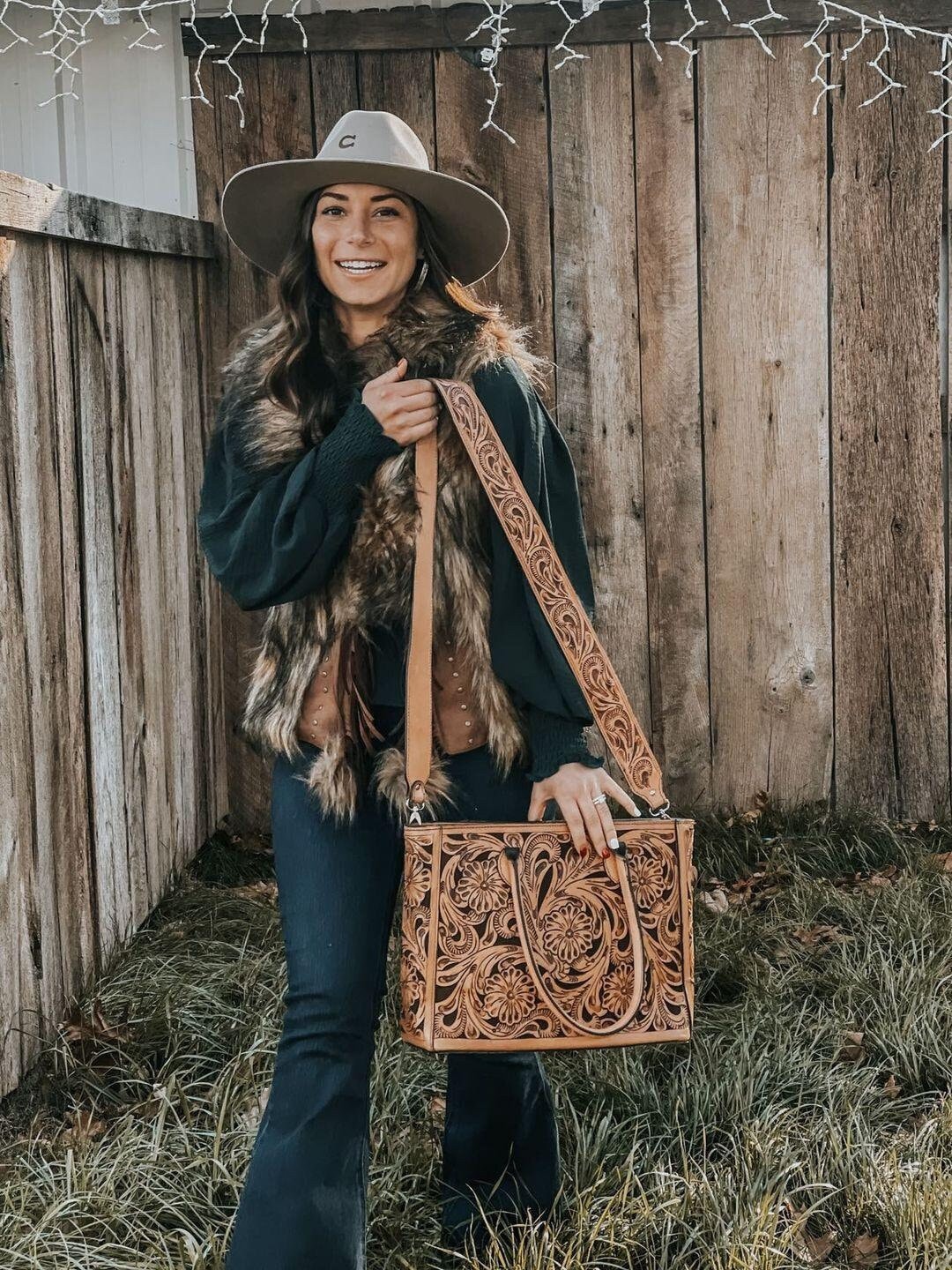 Leather Tote | Handcrafted Tooled Bag | Floral Bag | Custom options | Western Purse | Strap Included