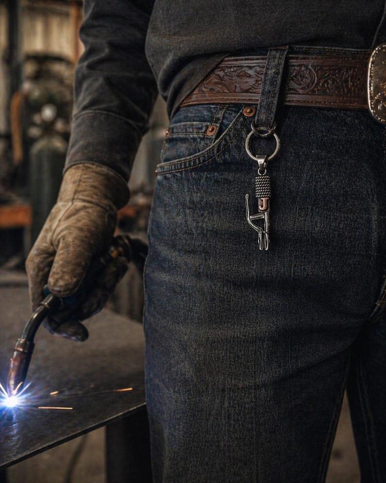 Puede incluir: Un llavero de metal plateado con la letra "J" est&aacute; sujeto a una trabilla del cintur&oacute;n. El llavero cuelga de un cintur&oacute;n de cuero marr&oacute;n con un dise&ntilde;o decorativo. La persona lleva vaqueros azules y una camisa de manga larga gris oscuro. Una antorcha de soldadura est&aacute; en la mano de la persona.