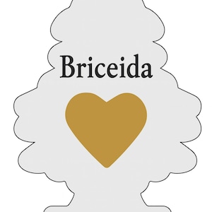 Peut inclure: D&eacute;sodorisant blanc en forme d'arbre, avec le nom "Briceida" en noir et un c&oelig;ur dor&eacute;. Il comporte un trou en haut pour &ecirc;tre suspendu. Design simple et &eacute;l&eacute;gant.