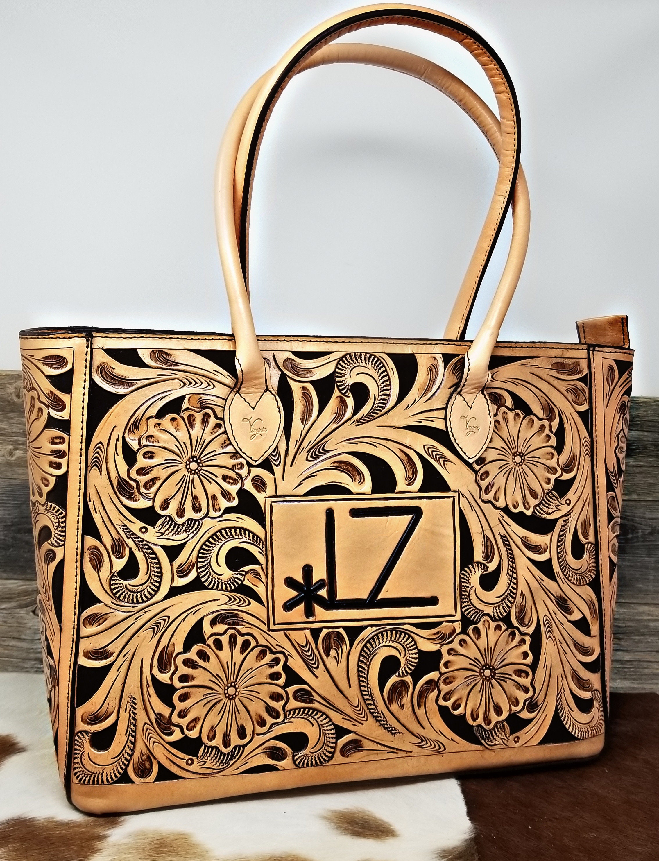 Leather Tote Handcrafted Tooled Bag Floral Bag CUSTOM Options Western Purse  Strap INCLUDED 