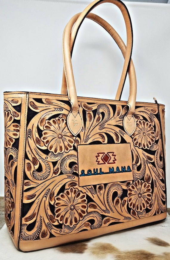 Leather Tote Handcrafted Tooled Bag Floral Bag CUSTOM Options Western Purse  Strap INCLUDED 