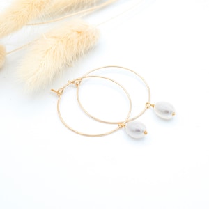 750 gold plated creole and pearl earrings, 3 microns, women, teens, Creoles, Pearl creole earrings - isabelleb, isabelle b