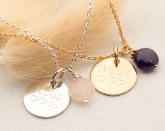 Personalized necklace medal and stone - Engraved necklace for sister, friend, bff, mom, message necklace - Personalized jewelry - isabelle b