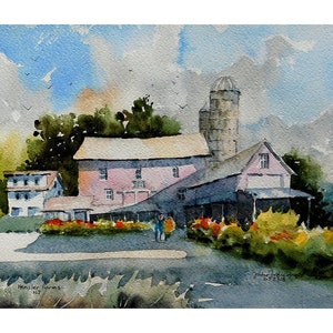 May include: Watercolor painting of a pink farmhouse with a silo and a field of flowers in the foreground. The sky is blue with white clouds. The painting is signed "Judy Redding 05.23.18" and titled "Hensler Farms NJ".