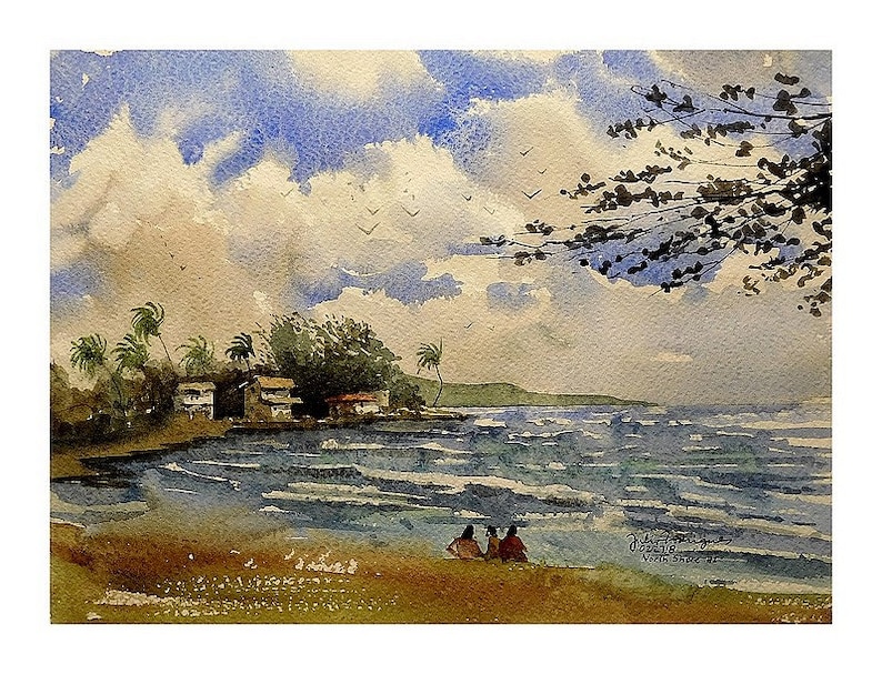 May include: Watercolor painting of a coastal scene with a beach, ocean, and cloudy sky. Palm trees and small buildings line the shore. Three figures sit on the beach, observing the ocean. The artwork is signed in the lower right corner.