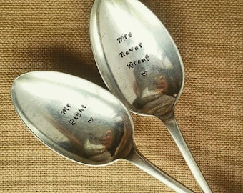 Mr and Mrs Spoons / Engraved Wedding Cutlery / Mr Right Mrs Never Wrong / Vintage Hand Stamped Wedding Gift / Anniversary Gift