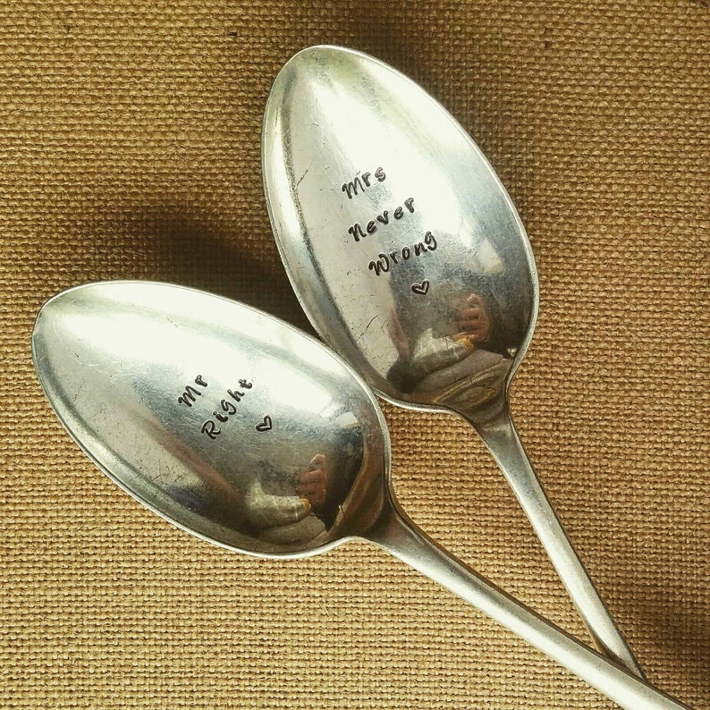 Mr and Mrs Spoons / Engraved Wedding Cutlery / Mr Right Mrs Never Wrong / Vintage Hand Stamped Wedding Gift / Anniversary Gift image 1