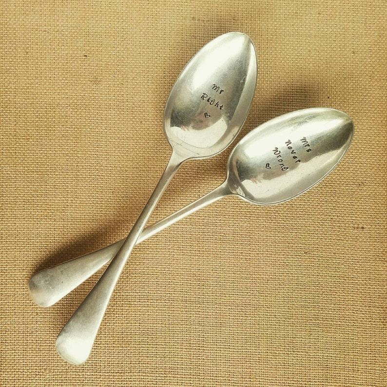 Mr and Mrs Spoons / Engraved Wedding Cutlery / Mr Right Mrs Never Wrong / Vintage Hand Stamped Wedding Gift / Anniversary Gift image 2