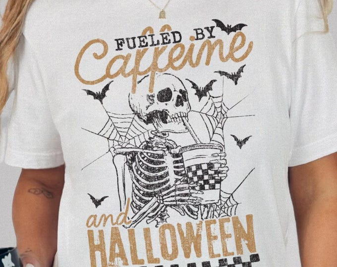 Halloween Skeleton Unisex Shirt XS-5XL For Halloween Coffee Lover Graphic Tee Shirt Design For Fall Fashion Style Gothic Clothing Gift Idea