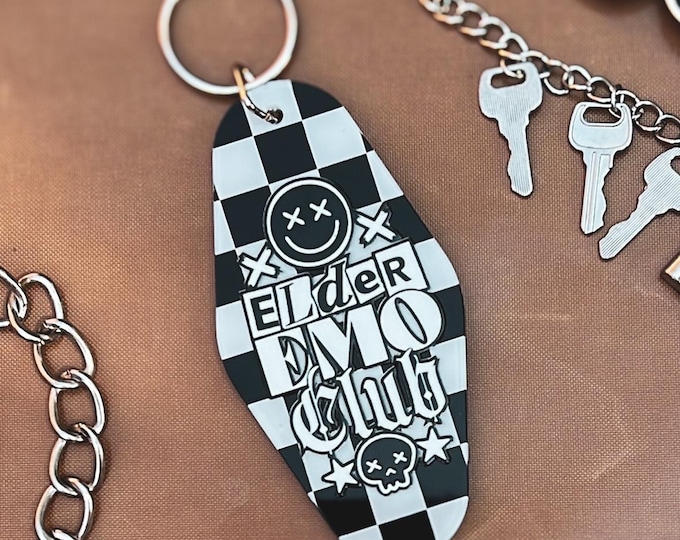 Elder Emo Club Motel Checkered Acrylic Keychain / White Print / It was Never a Phase Emo Keychain Bag Accessory