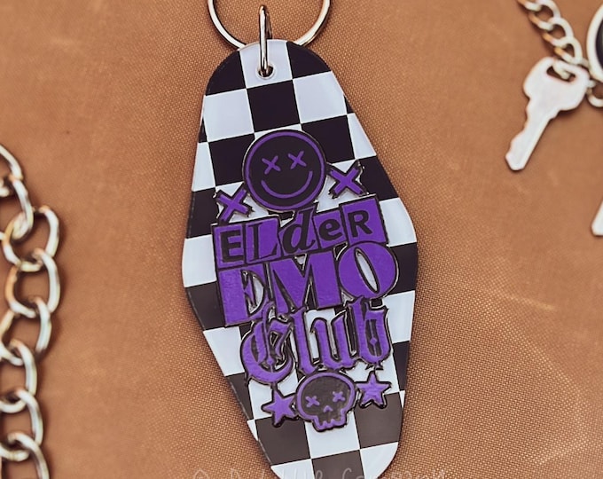 Elder Emo Club Motel Checkered Acrylic Keychain / Purple Print / It was Never a Phase Emo Keychain Bag Accessory